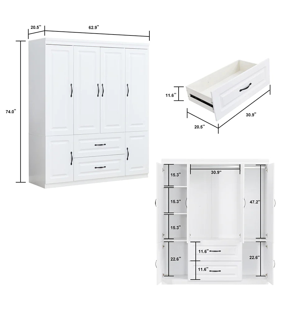 White Solid Wood Freestanding Wardrobe Closet for Clothes Storage. FlamingWick - Home Décor