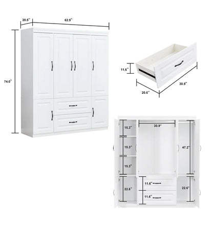 White Solid Wood Freestanding Wardrobe Closet for Clothes Storage. FlamingWick - Home Décor