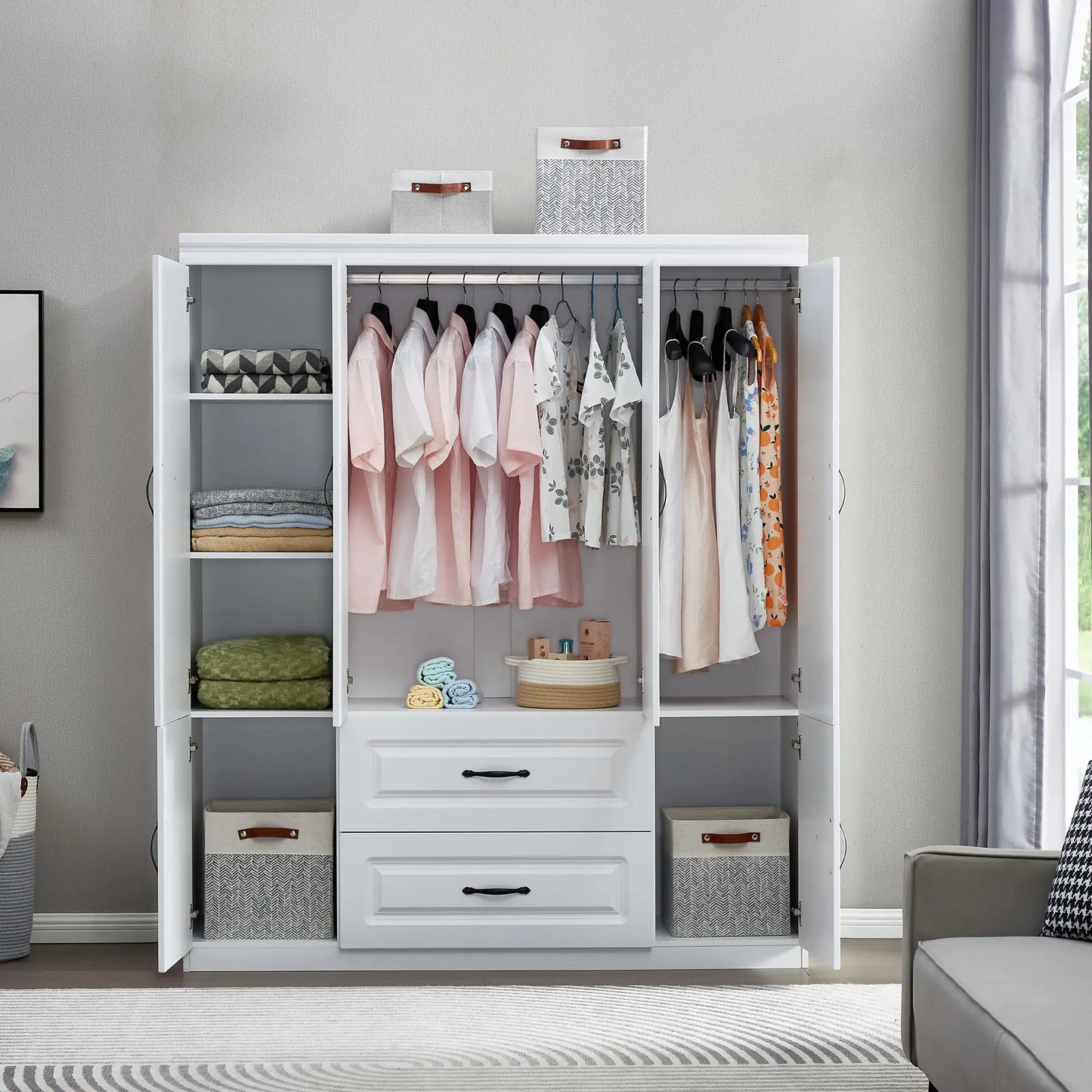 White Solid Wood Freestanding Wardrobe Closet for Clothes Storage. FlamingWick - Home Décor