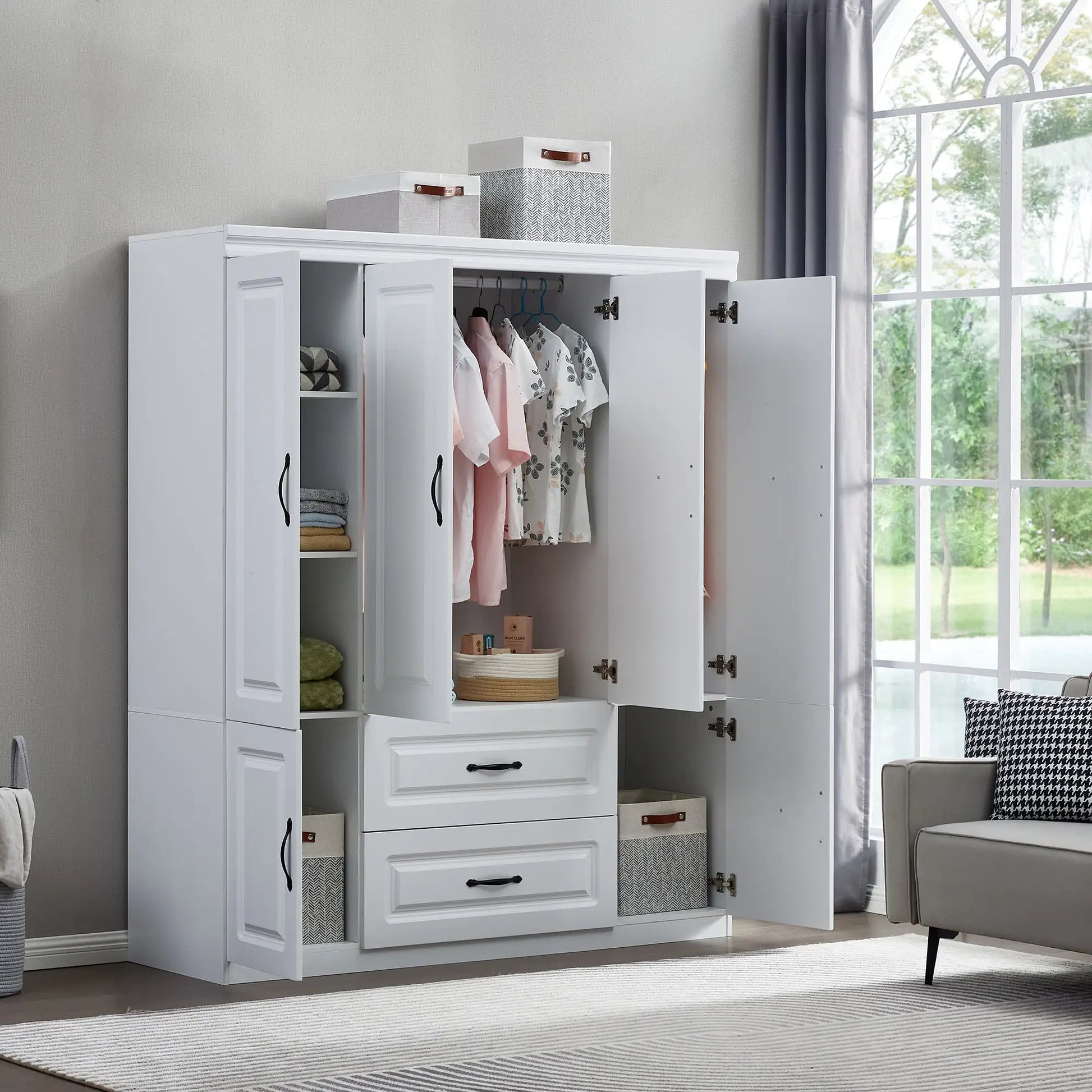 White Solid Wood Freestanding Wardrobe Closet for Clothes Storage. FlamingWick - Home Décor